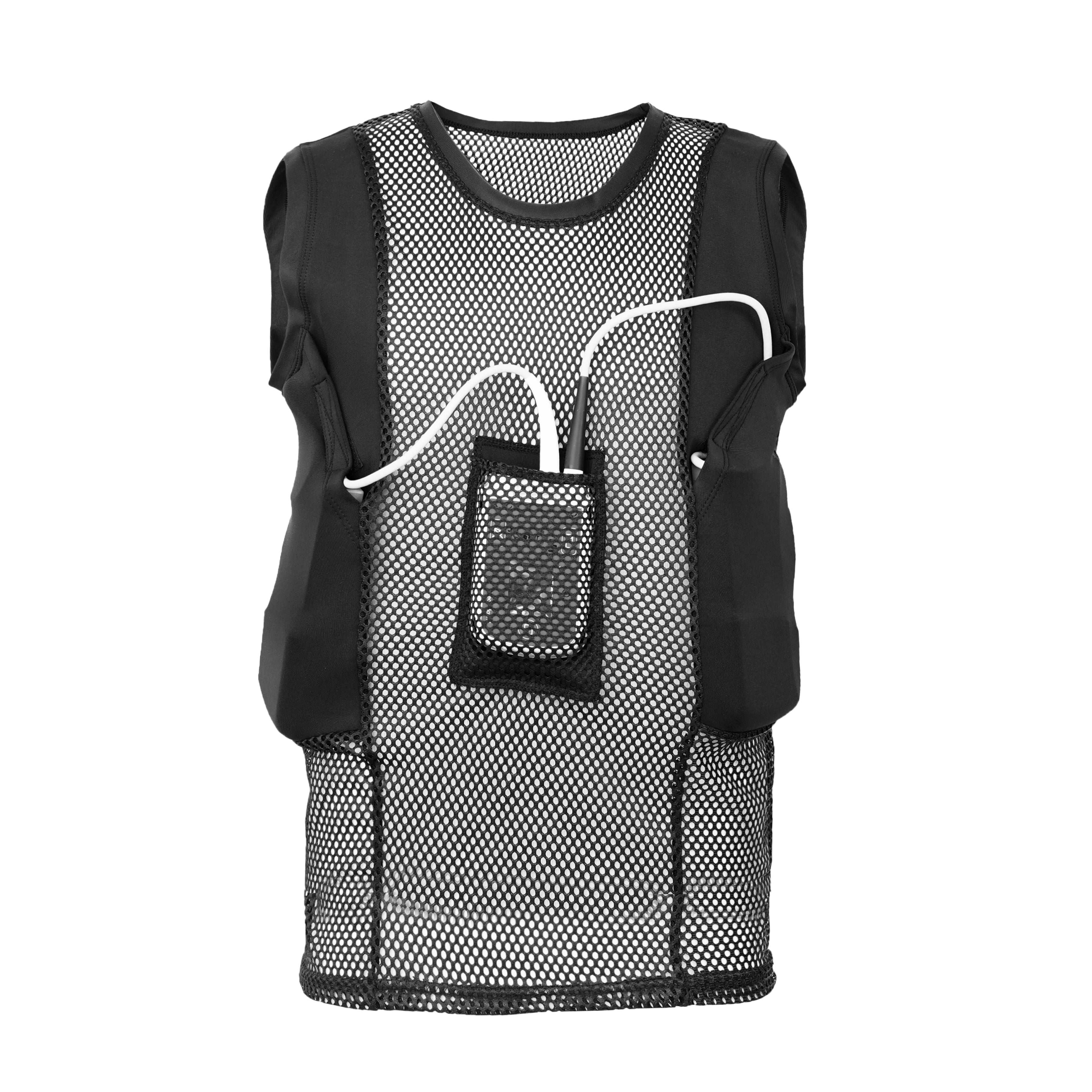 Black LVAD men’s mesh tank top with breathable fabric, side battery pockets, and front controller pocket for secure fit.